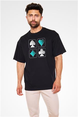 Briç Baskılı Unisex Siyah Oversize Tişört