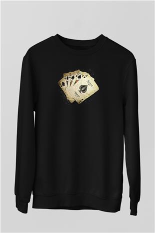 Briç Baskılı Unisex Siyah Sweatshirt