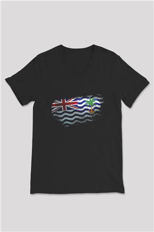 Britanya Hint Okyanusu Toprakları - British İndian Ocean Territory Bayrağı Baskılı Unisex Siyah V Yaka Tişört