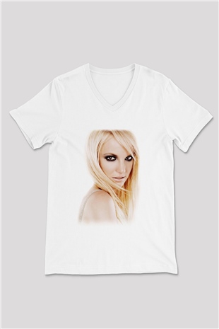 Britney Spears Beyaz Unisex V Yaka Tişört T-Shirt