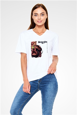 Britny Fox Baskılı Unisex Beyaz V Yaka Tişört