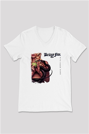 Britny Fox Baskılı Unisex Beyaz V Yaka Tişört