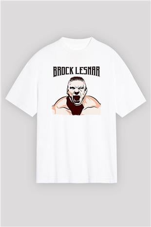 Brock Lesnar Baskılı Beyaz Unisex Oversize Tişört - Tshirt