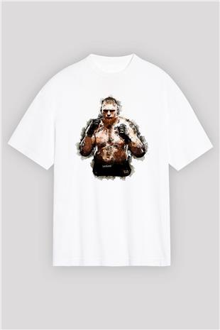 Brock Lesnar Baskılı Beyaz Unisex Oversize Tişört - Tshirt