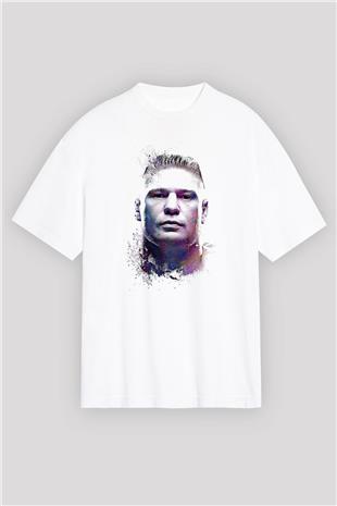 Brock Lesnar Baskılı Beyaz Unisex Oversize Tişört - Tshirt