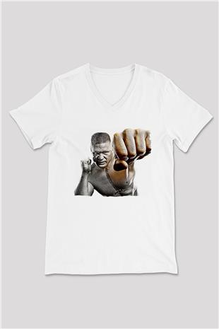 Brock Lesnar Baskılı Beyaz Unisex V Yaka Tişört - Tshirt