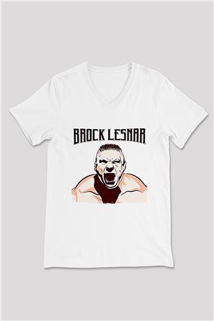 Brock Lesnar Baskılı Beyaz Unisex V Yaka Tişört - Tshirt