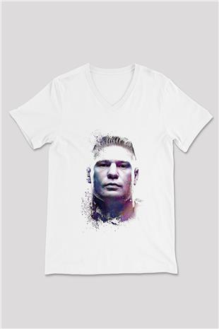 Brock Lesnar Baskılı Beyaz Unisex V Yaka Tişört - Tshirt