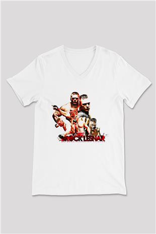 Brock Lesnar Baskılı Beyaz Unisex V Yaka Tişört - Tshirt