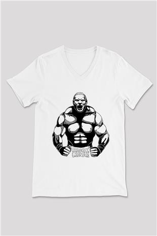 Brock Lesnar Baskılı Beyaz Unisex V Yaka Tişört - Tshirt