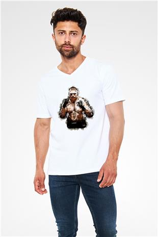Brock Lesnar Baskılı Beyaz Unisex V Yaka Tişört - Tshirt