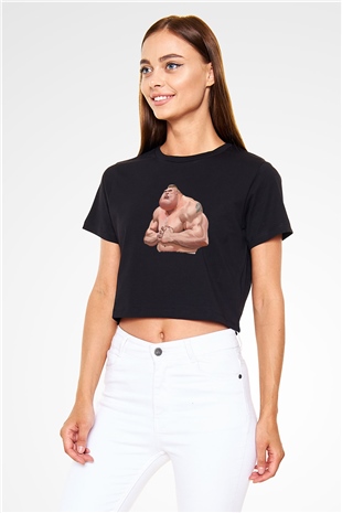 Brock Lesnar Baskılı Siyah Crop Top Kadın Tişört - Tshirt