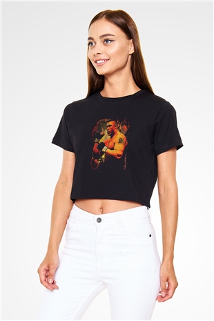 Brock Lesnar Baskılı Siyah Crop Top Kadın Tişört - Tshirt