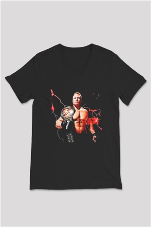 Brock Lesnar Baskılı Unisex Siyah V Yaka Tişört - Tshirt