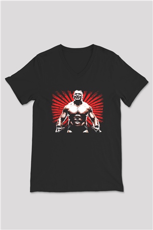 Brock Lesnar Baskılı Unisex Siyah V Yaka Tişört - Tshirt