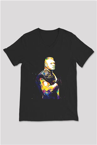 Brock Lesnar Baskılı Unisex Siyah V Yaka Tişört - Tshirt