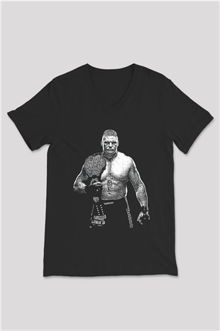 Brock Lesnar Baskılı Unisex Siyah V Yaka Tişört - Tshirt