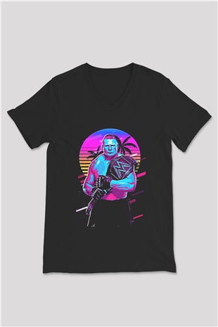 Brock Lesnar Baskılı Unisex Siyah V Yaka Tişört - Tshirt