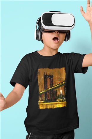 Brooklyn Köprüsü Baskılı Siyah Unisex Çocuk Tişört
