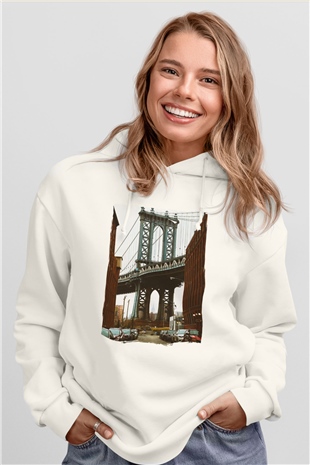 Brooklyn Köprüsü Beyaz Unisex Hoodie