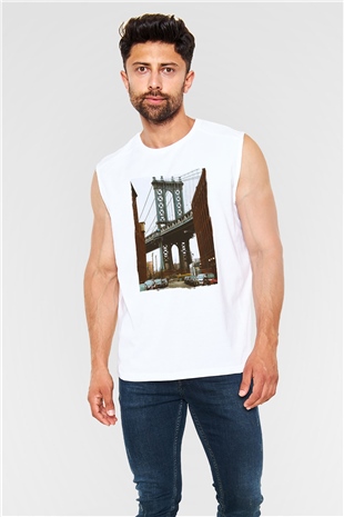Brooklyn Köprüsü Beyaz Unisex Kolsuz Tişört