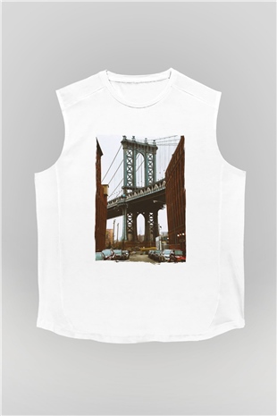 Brooklyn Köprüsü Beyaz Unisex Kolsuz Tişört