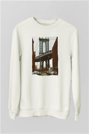 Brooklyn Köprüsü Beyaz Unisex Sweatshirt