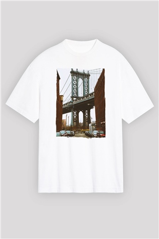 Brooklyn Köprüsü Beyaz Oversize Tişört Oversize T-shirt - TişörtFabrikası