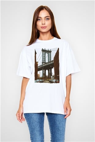 Brooklyn Köprüsü Beyaz Oversize Tişört Oversize T-shirt - TişörtFabrikası