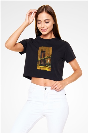 Brooklyn Köprüsü Siyah Crop Top Tişört