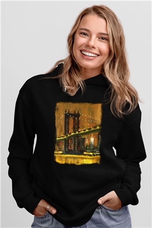 Brooklyn Köprüsü Siyah Unisex Hoodie