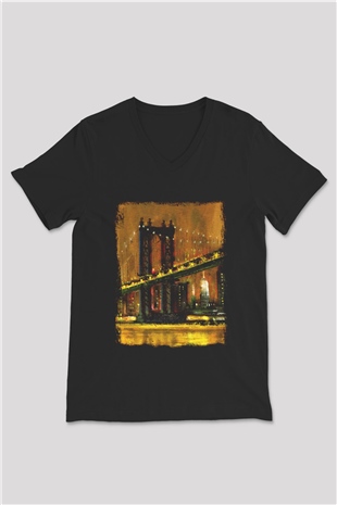 Brooklyn Köprüsü Siyah Unisex V Yaka Tişört T-Shirt