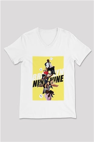 Brooklyn Nine-Nine Beyaz Unisex V Yaka Tişört T-Shirt
