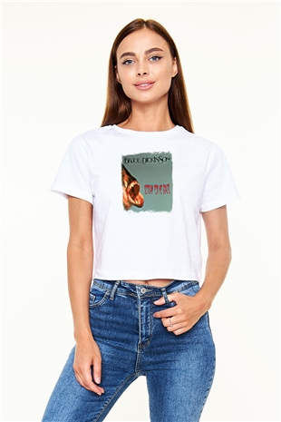 Bruce Dickinson Baskılı Unisex Beyaz Crop Top Tişört