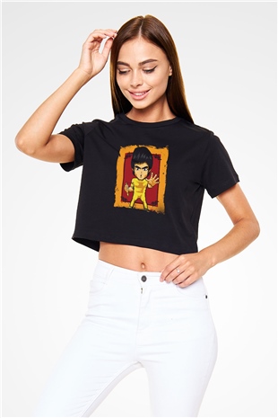 Bruce Lee Baskılı Siyah Kadın Crop Top Tişört