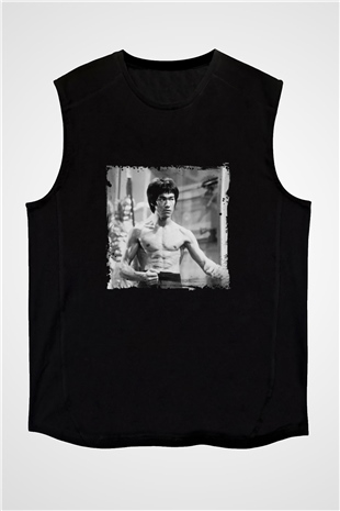 Bruce Lee Baskılı Unisex Siyah Kolsuz Tişört
