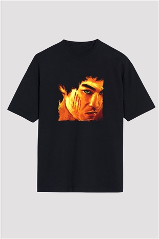 Bruce Lee Baskılı Unisex Siyah Oversize Tişört
