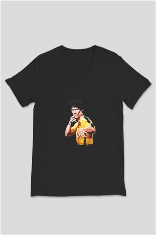 Bruce Lee Baskılı Unisex Siyah V Yaka Tişört