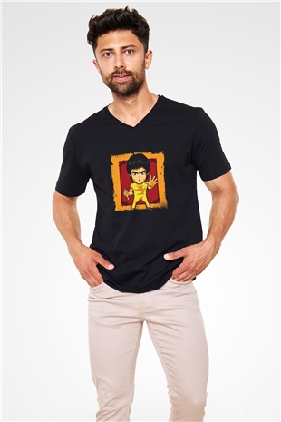 Bruce Lee Baskılı Unisex Siyah V Yaka Tişört