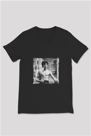 Bruce Lee Baskılı Unisex Siyah V Yaka Tişört