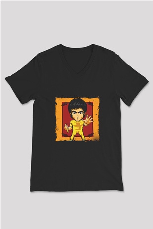 Bruce Lee Baskılı Unisex Siyah V Yaka Tişört