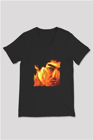 Bruce Lee Baskılı Unisex Siyah V Yaka Tişört