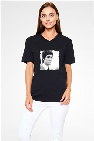 Bruce Lee Baskılı Unisex Siyah V Yaka Tişört