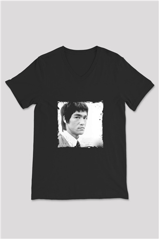 Bruce Lee Baskılı Unisex Siyah V Yaka Tişört