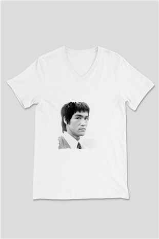 Bruce Lee Baskılı V Yaka Unisex Beyaz Tişört