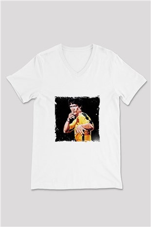 Bruce Lee Baskılı V Yaka Unisex Beyaz Tişört
