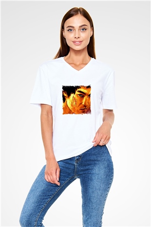 Bruce Lee Baskılı V Yaka Unisex Beyaz Tişört