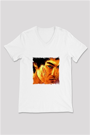 Bruce Lee Baskılı V Yaka Unisex Beyaz Tişört