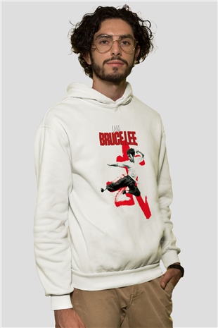 Bruce Lee Beyaz Unisex Kapşonlu Sweatshirt