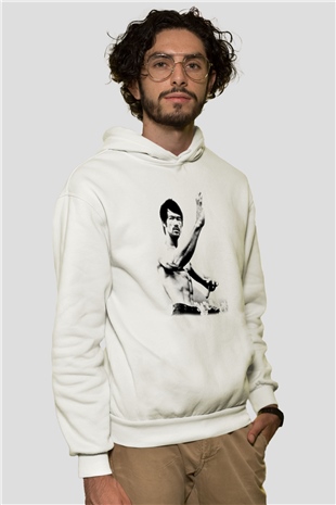 Bruce Lee Beyaz Unisex Kapüşonlu Sweatshirt